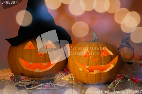 Image of close up of pumpkins on table