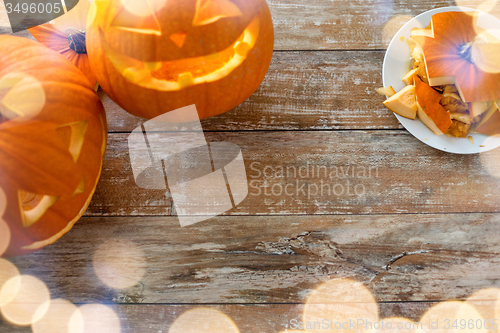 Image of close up of pumpkins on table