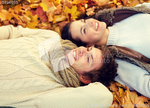 Image of close up of smiling couple lying in autumn park