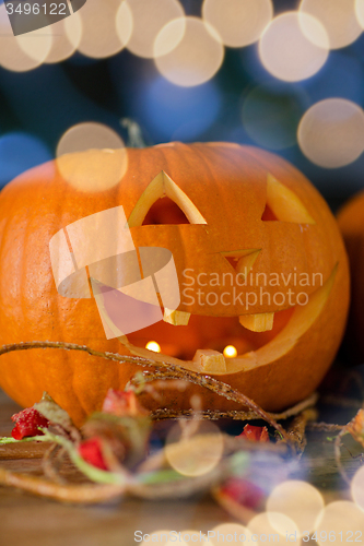 Image of close up of pumpkins on table