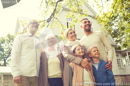 Image of happy family in front of house outdoors