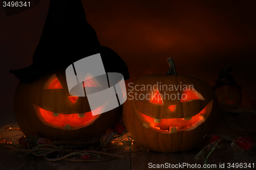 Image of close up of pumpkins on table