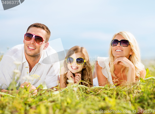 Image of happy family with blue sky and green grass