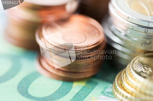 Image of close up of euro paper money and coins on table