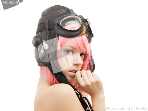 Image of topless pink hair girl in aviator helmet