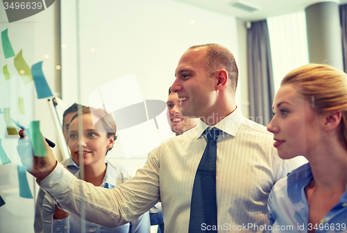 Image of smiling business people with marker and stickers