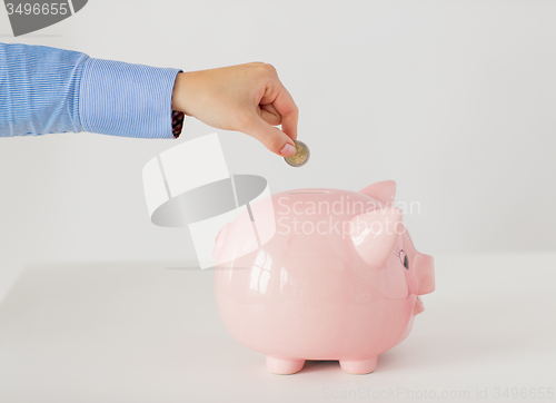 Image of close up of hand putting coin into piggy bank