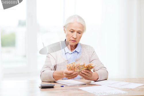 Image of senior woman with money and papers at home
