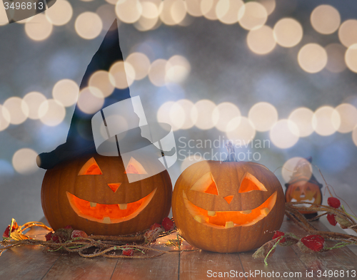 Image of close up of pumpkins on table