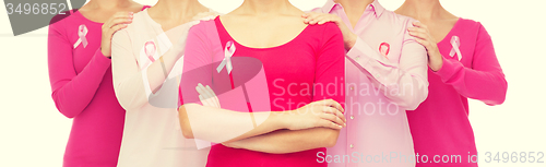Image of close up of women with cancer awareness ribbons