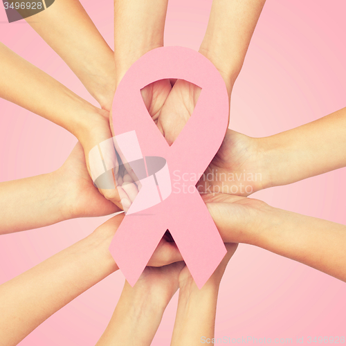 Image of close up of hands with cancer awareness symbol