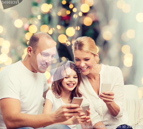 Image of happy family with smartphones