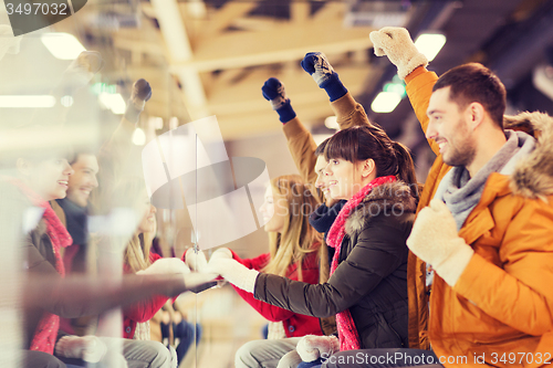 Image of happy friends watching hockey game on skating rink