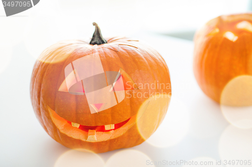 Image of close up of pumpkins on table