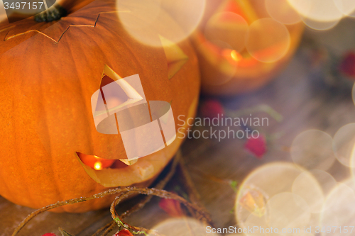 Image of close up of pumpkins on table