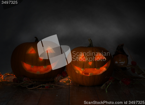 Image of close up of pumpkins on table