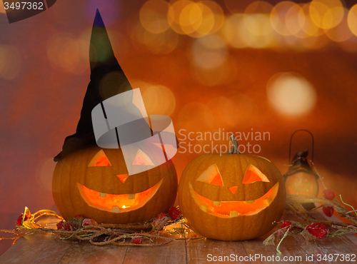 Image of close up of pumpkins on table