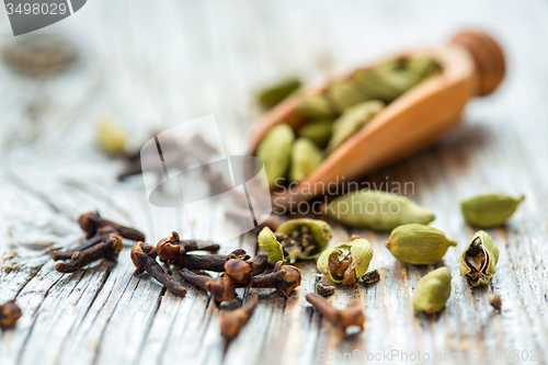 Image of Dry beans cardamom and clove buds.