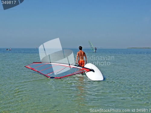 Image of The guy drags the windsurf