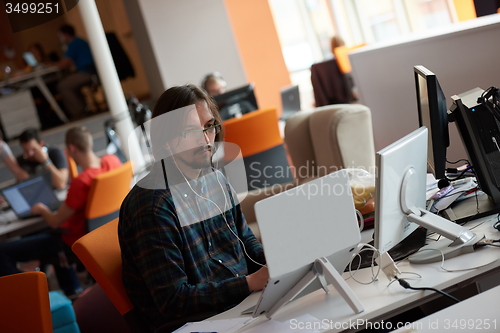 Image of startup business, software developer working on computer
