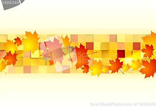 Image of Red orange maple leaves on geometric squares background