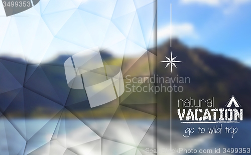 Image of Camping logo label on mountain blurred landscape background