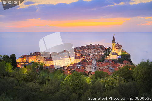 Image of Picturesque old town Piran in sunset, Slovenia.