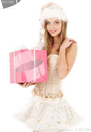 Image of santa helper in corset and skirt with pink gift box