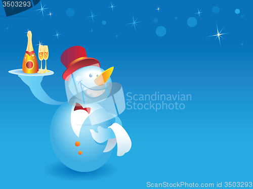 Image of Snowman-waiter with champagne on blue