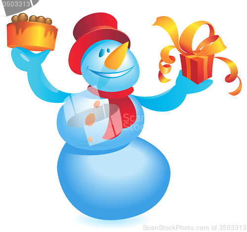 Image of Snowman with cake and gift