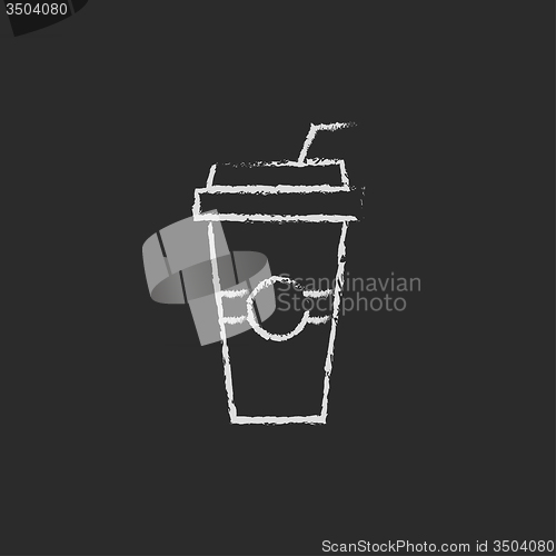 Image of Disposable cup with drinking straw icon drawn in chalk.