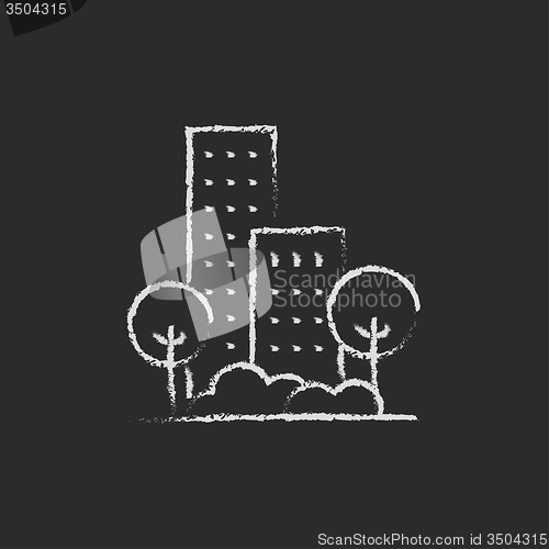 Image of Residential building with trees icon drawn in chalk.