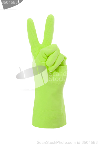 Image of Green cleaning glove, victory sign