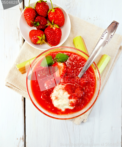 Image of Dessert strawberry-vanilla and rhubarb in glassful on board top