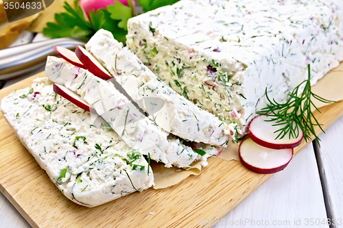 Image of Terrine of curd and radish on board