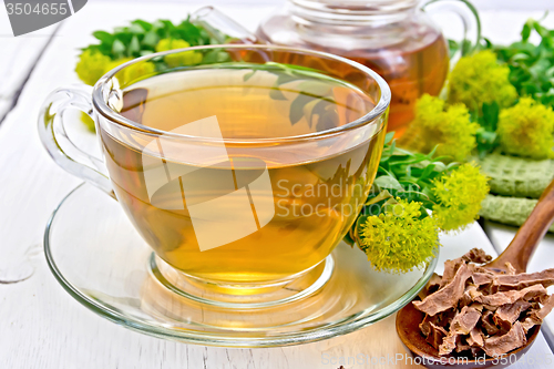 Image of Tea of Rhodiola rosea in cup with spoon on board