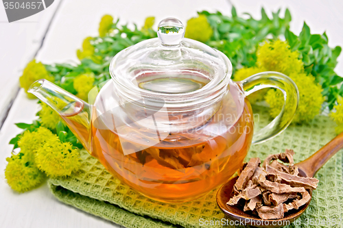 Image of Tea of Rhodiola rosea in glass teapot with spoon on board