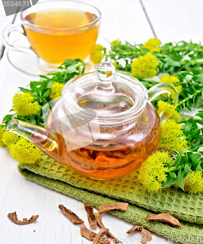 Image of Tea of Rhodiola rosea in glass teapot with cup on board