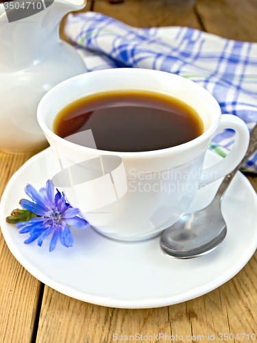 Image of Chicory drink in white cup with spoon and milkman on board