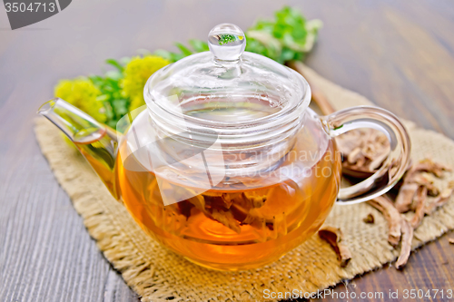 Image of Tea of Rhodiola rosea in glass teapot on board