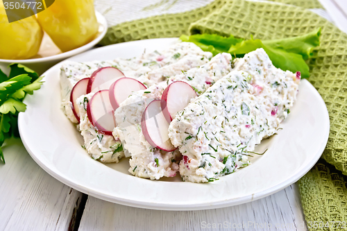 Image of Terrine of curd and radish in plate on light board