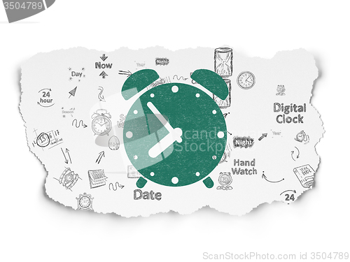 Image of Timeline concept: Alarm Clock on Torn Paper background