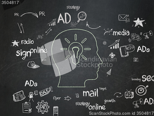 Image of Advertising concept: Head With Light Bulb on School Board background