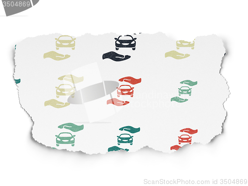 Image of Insurance concept: Car And Palm icons on Torn Paper background