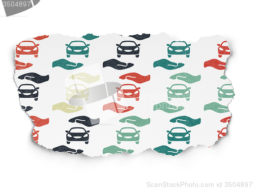 Image of Insurance concept: Car And Palm icons on Torn Paper background