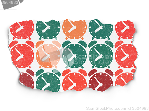 Image of Timeline concept: Alarm Clock icons on Torn Paper background