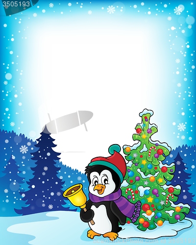 Image of Frame with penguin and Christmas tree