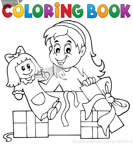 Image of Coloring book girl with doll and gifts