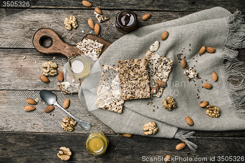 Image of tasty Cookies with seeds and honey on napkin for diet