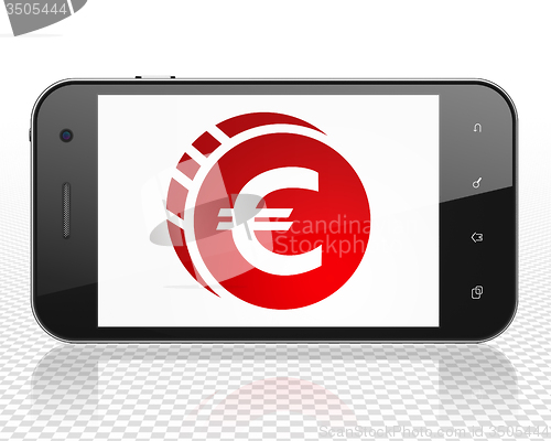 Image of Currency concept: Smartphone with Euro Coin on display